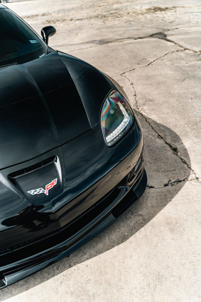 Detailing Near Me - High view of a freshly detailed and waxed Corvette front end